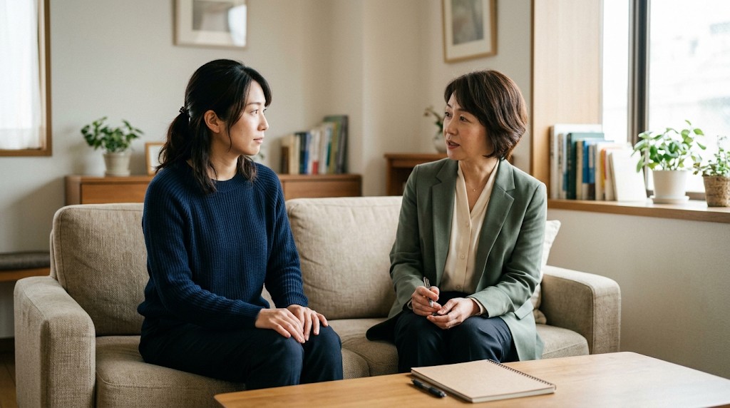 相談室のソファで、母親が女性のスクールカウンセラーと向かい合って話している様子