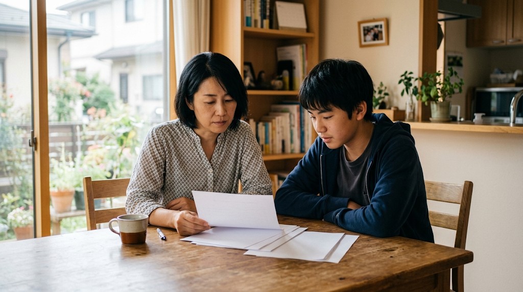 ダイニングテーブルで、母親と高校生の息子が書類を一緒に見ている様子