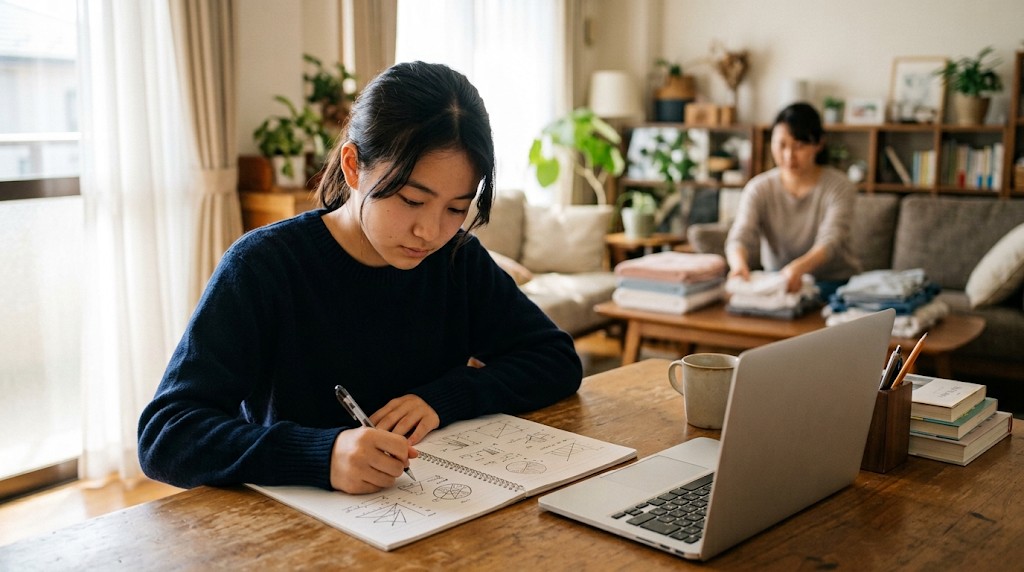 リビングの机でノートに書き込んで学習する高校生と、後ろで洗濯物をたたむ家族
