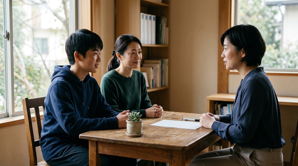 相談室の小さなテーブルで、高校生と保護者が職員と向かい合って話している様子