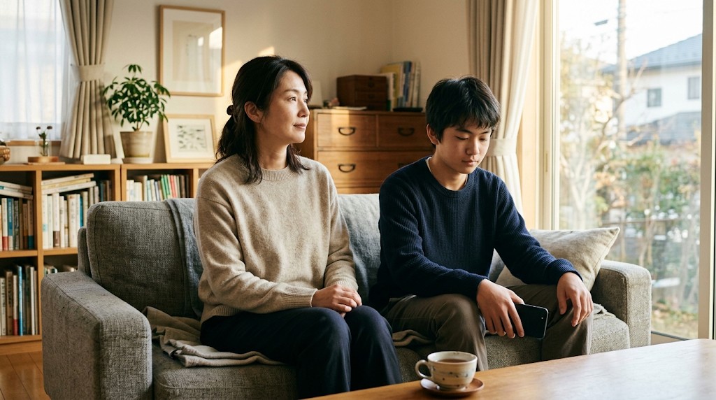 リビングのソファに並んで座る母親と高校生の息子。息子は画面を伏せたスマートフォンを手に持っている