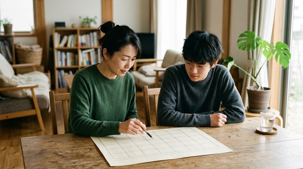 リビングのテーブルで、母親と高校生の息子が手書きのマス目の紙を広げて予定を話し合っている様子