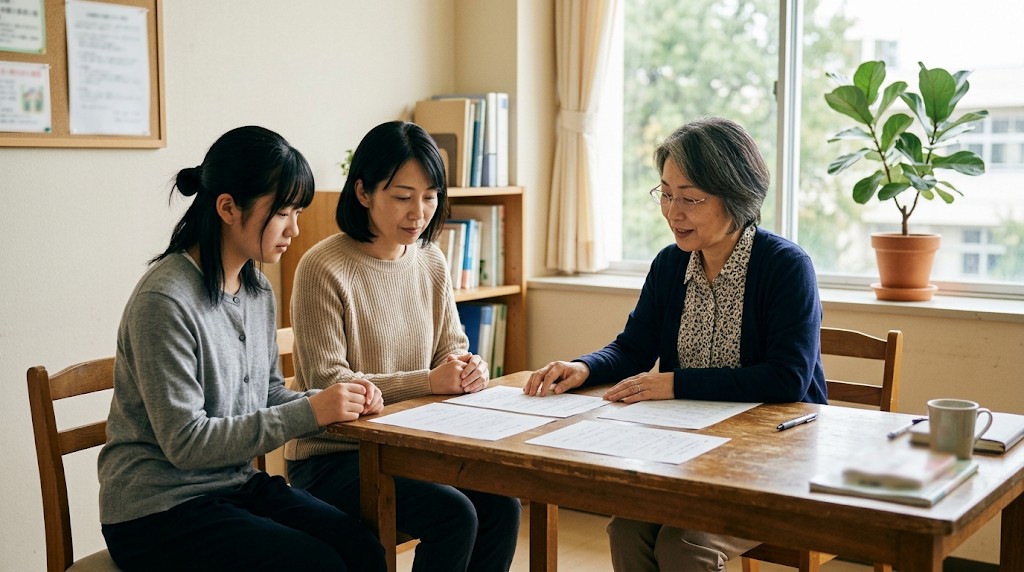 相談室で、高校生と保護者がスクールカウンセラーと向かい合って書類を見ている様子