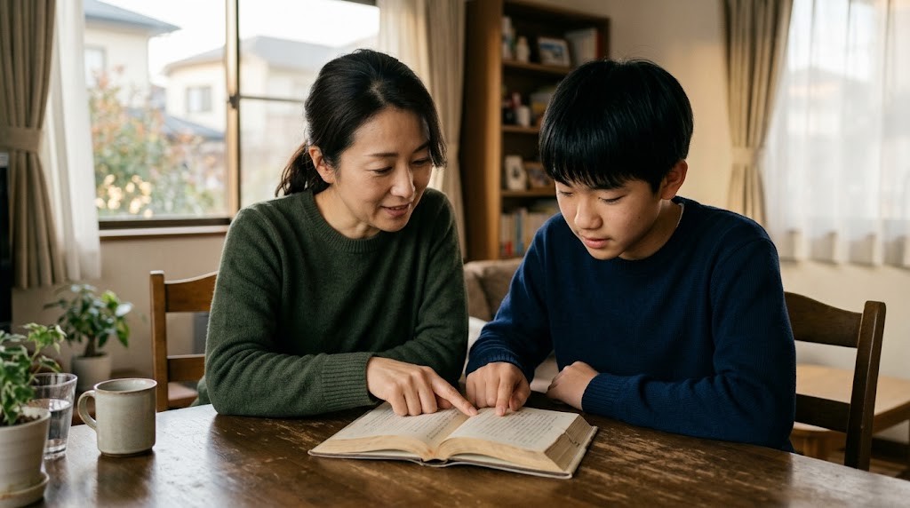 居間の食卓で、母親と高校生の息子が1冊の本を一緒に見ている様子