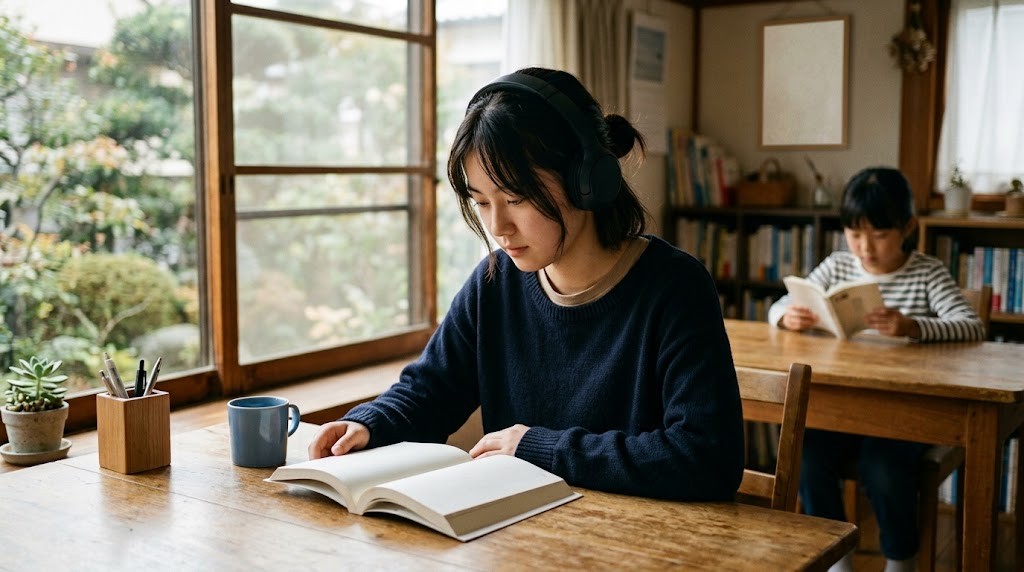 窓辺の机でヘッドホンをつけて本を見ている高校生と、同じテーブルで本を読む年下のきょうだい