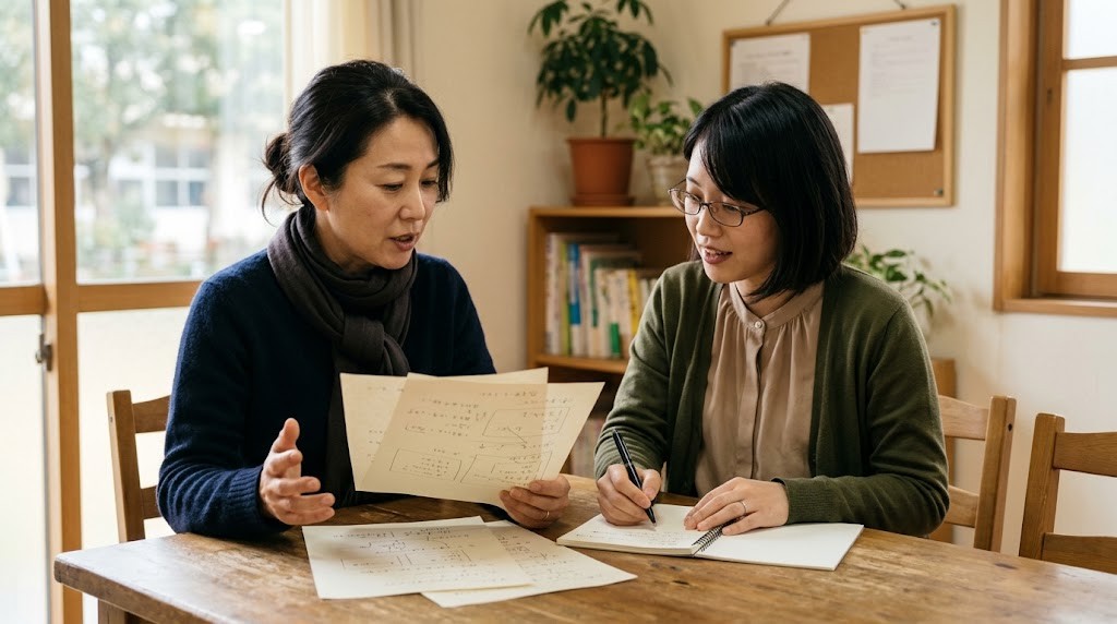 学校の相談室で、保護者と先生が手書きの紙を見ながら話している様子