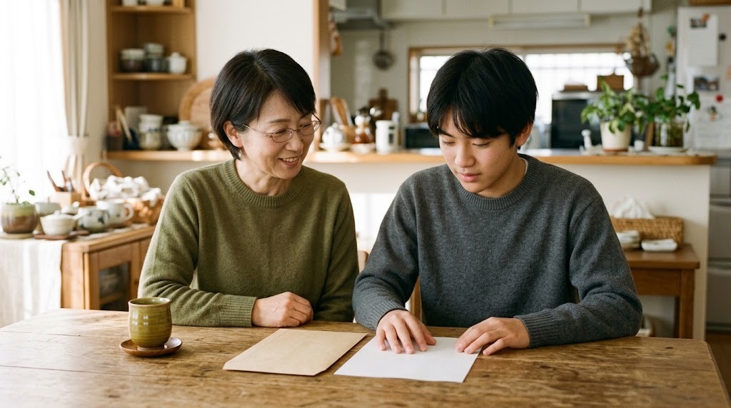 ダイニングテーブルで、18歳ほどの若者と母親が封筒と書類を前に話している