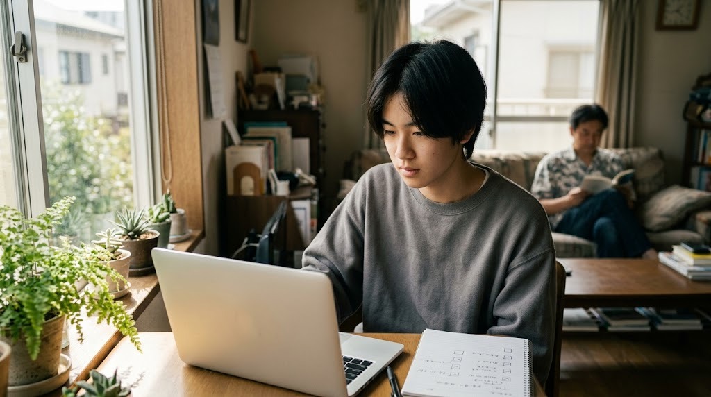 窓辺の机で若者がノートパソコンに向かい、奥のソファで父親が本を読んでいる