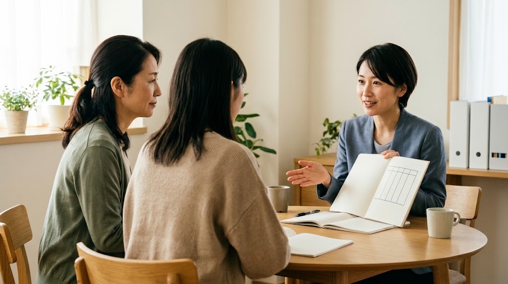 相談室の丸いテーブルで、母親と娘が職員の説明を聞いている