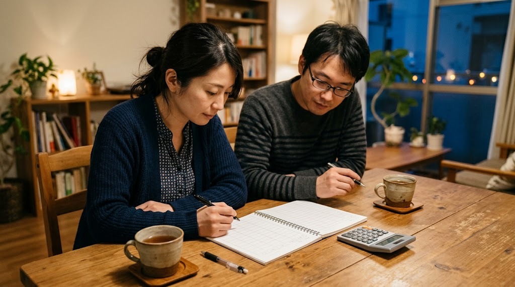 夜のダイニングテーブルで、両親がノートと電卓を並べて学費を書き出している
