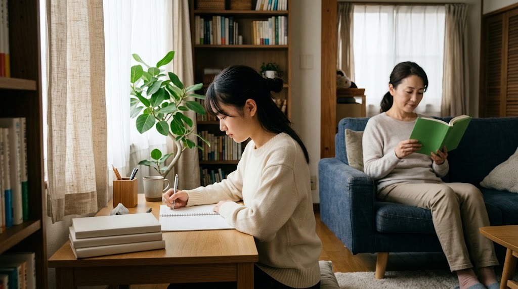 窓辺の机で高校生が勉強し、奥のソファで母親が本を読んでいる