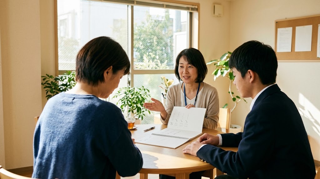 明るい相談室の丸いテーブルで、母親と生徒が職員の説明を聞いている