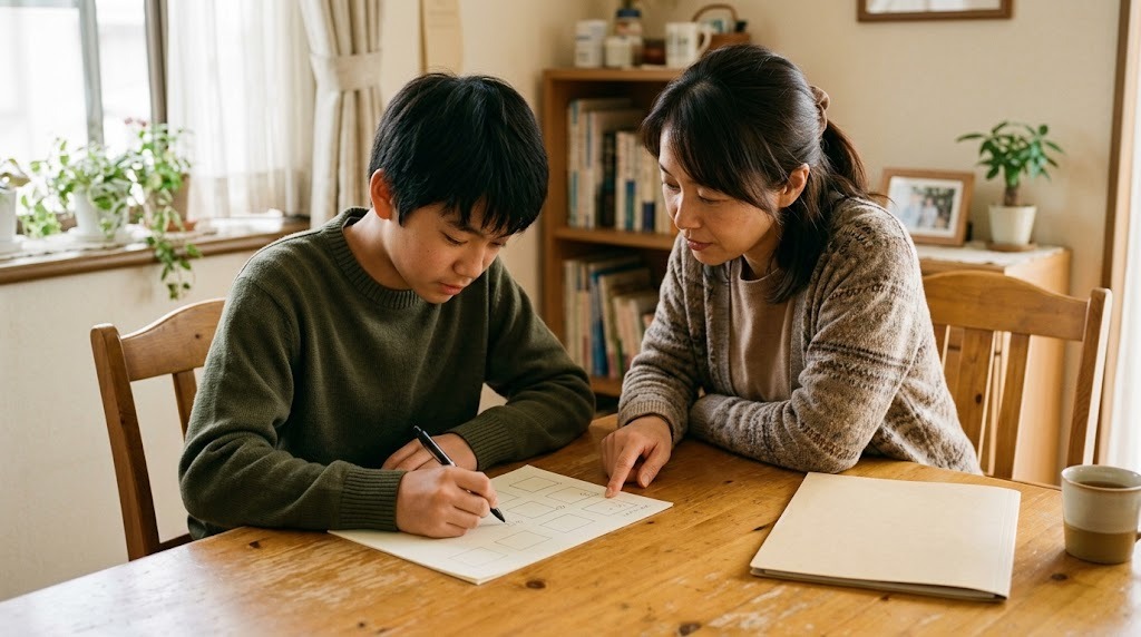 ダイニングテーブルで、高校生が用紙に記入し、母親がそばで欄を指さしている