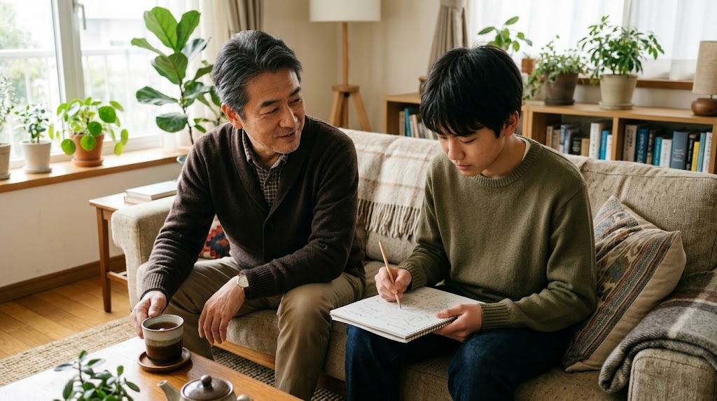 リビングのソファで、高校生がノートを手に考え、父親がお茶を飲みながら話を聞いている
