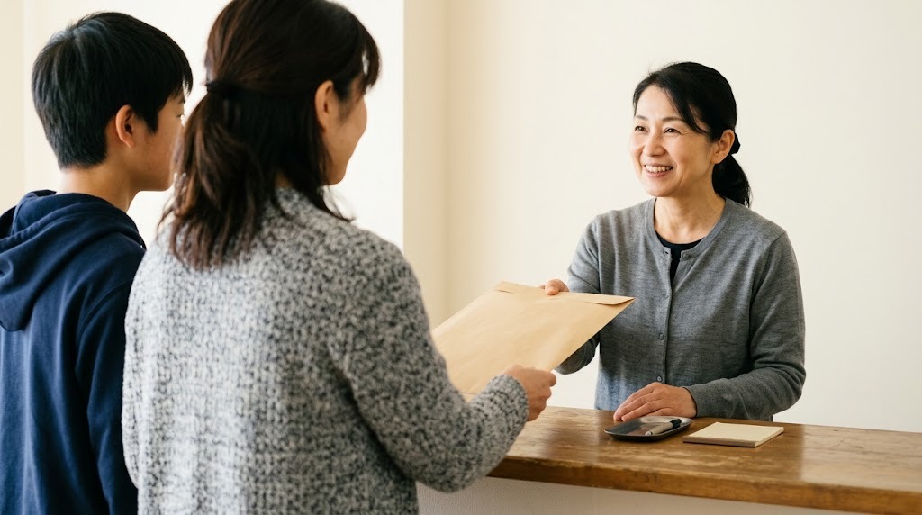 窓口のカウンターで、保護者と高校生が茶封筒を職員に手渡している