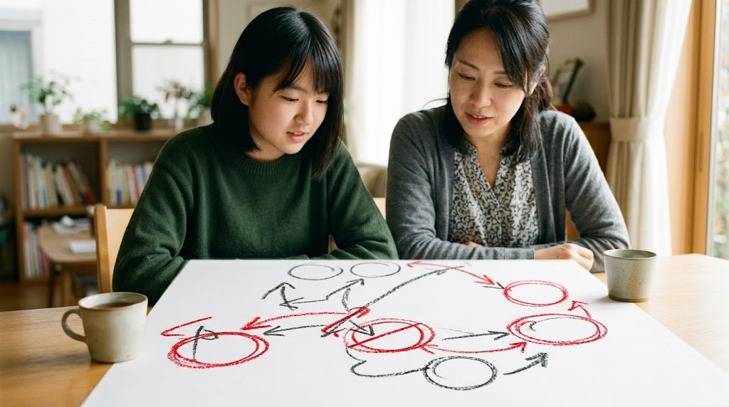 秋のダイニングテーブルで、母親と高校生の娘が丸と矢印を書いた大きな紙を見ている