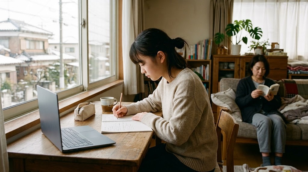 窓辺の机で高校生がノートに書き込み、奥のソファで母親が本を読んでいる
