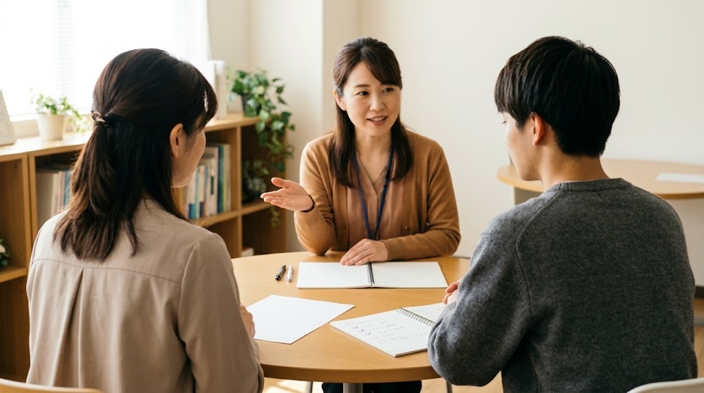 相談室の丸いテーブルで、保護者と生徒が職員の説明を聞いている