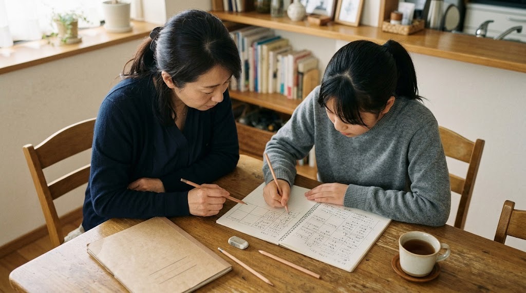 ダイニングテーブルで、母親と高校生の娘がノートに書き込みながら確かめている