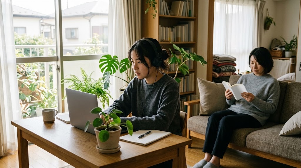 明るい部屋で高校生がノートパソコンに向かい、奥のソファで母親が本を読んでいる