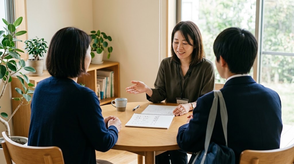 相談室の丸いテーブルで、保護者と生徒が職員の説明を聞いている