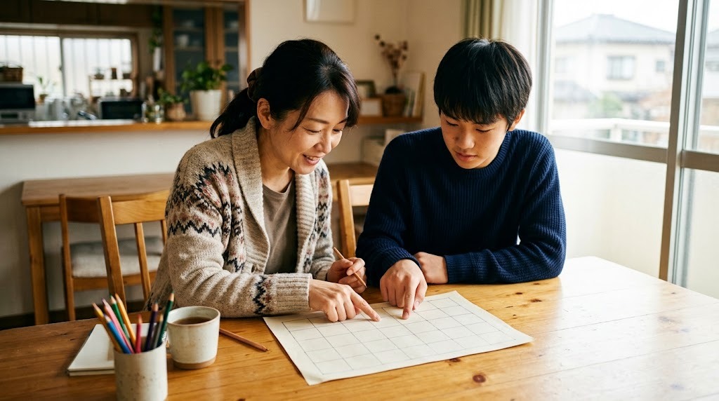 ダイニングテーブルで、母親と高校生の息子が手書きのカレンダーの表を指さしながら話している