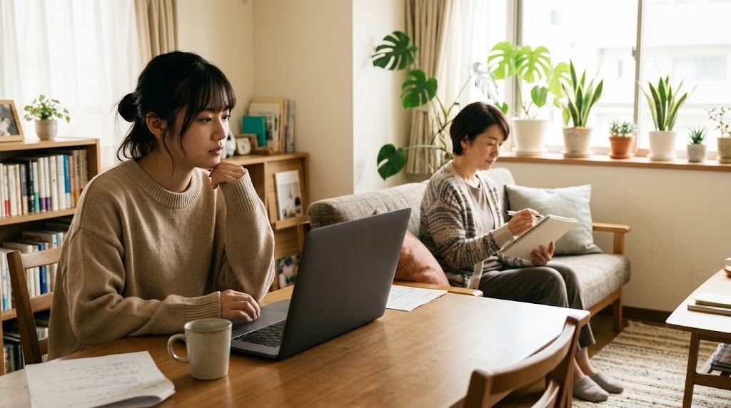 リビングのテーブルで高校生がノートパソコンに向かい、奥のソファで母親がノートを見ている