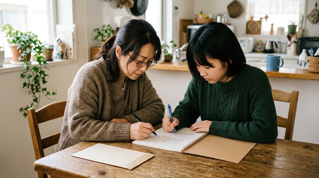 ダイニングテーブルで、母親と高校生の娘がノートに書き出しながら話している
