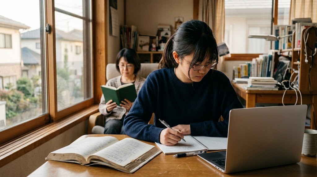 窓辺の机で高校生がノートに計画を書き、奥で母親が本を読んでいる