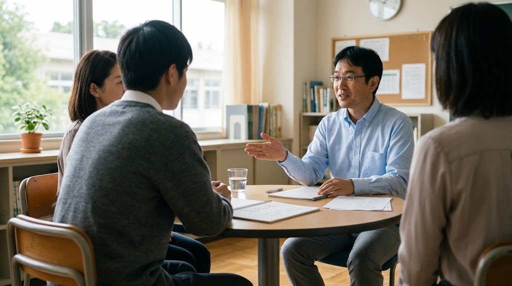 学校の相談室で、生徒と保護者が先生の説明を聞いている