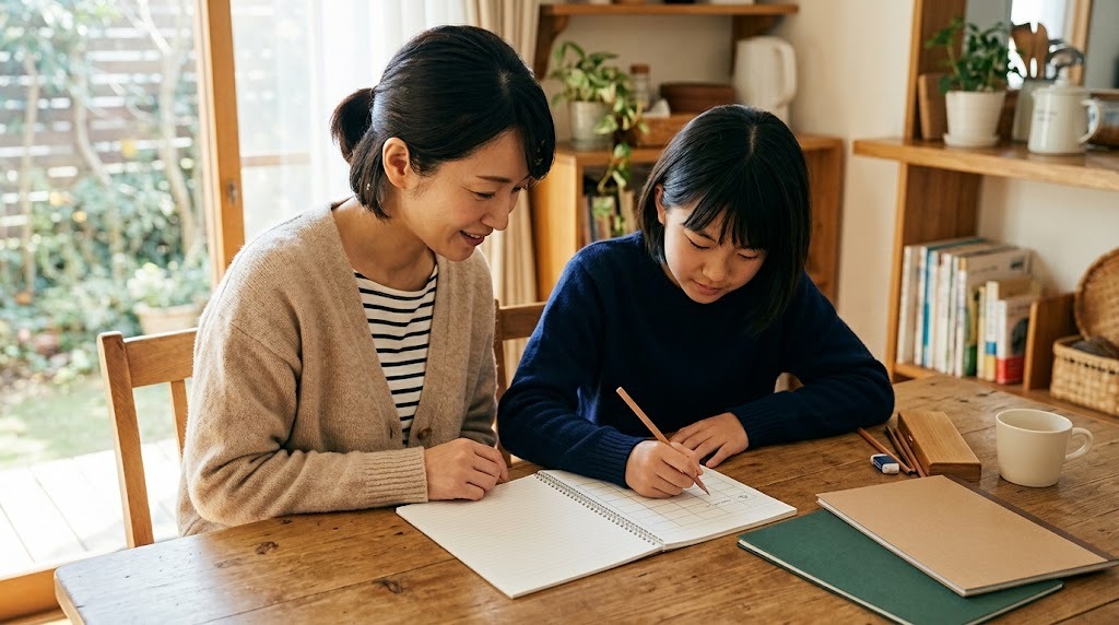ダイニングテーブルで、母親と中学生の娘がノートに時間割を書き込んでいる