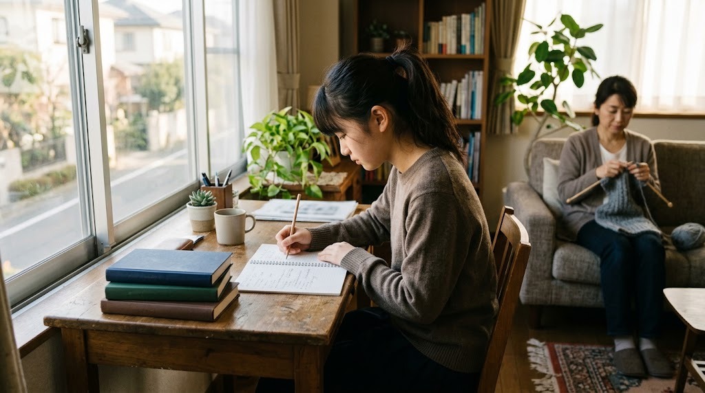 窓辺の机で高校生がノートに書き込み、奥のソファで母親が本を読んでいる