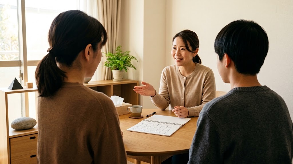 相談室で、保護者と生徒が職員の説明を聞いている
