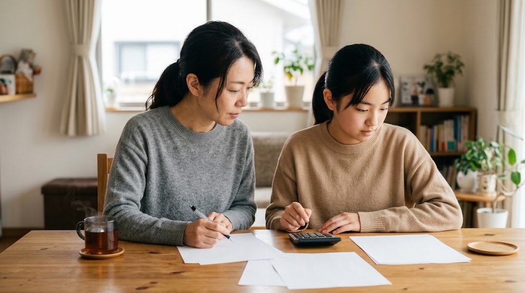ダイニングテーブルで、母親と高校生の娘が書類と電卓を前に確かめている
