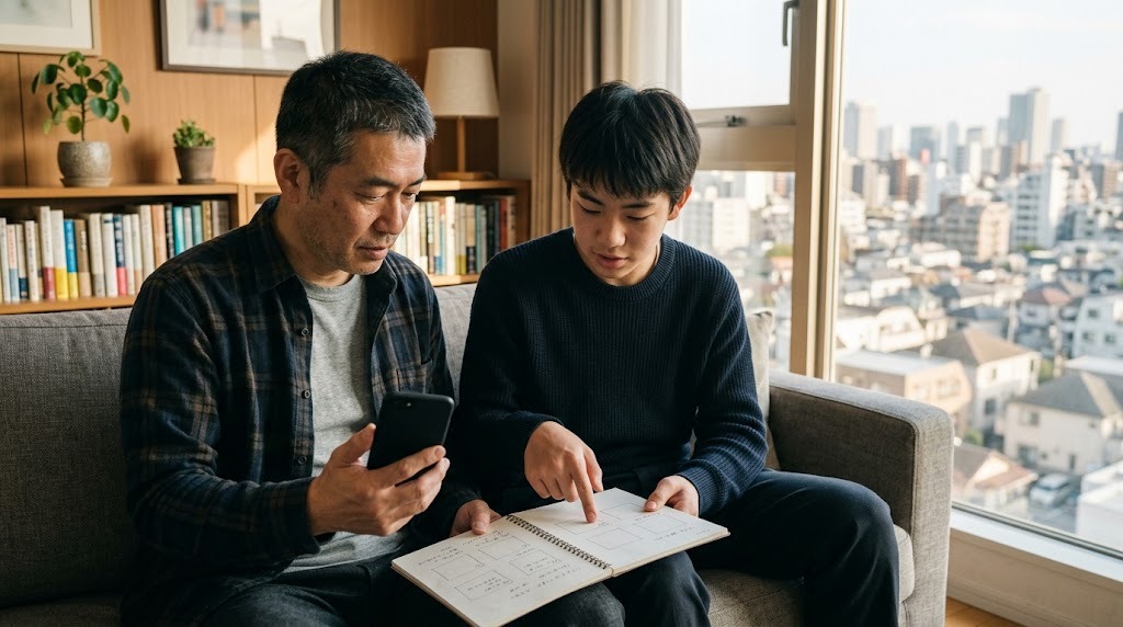 マンションのリビングのソファで、父親と高校生の息子がノートを見ながら話している
