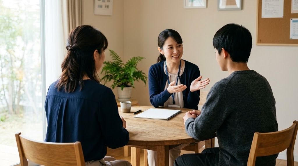 相談室の丸いテーブルで、保護者と生徒が職員の話を聞いている
