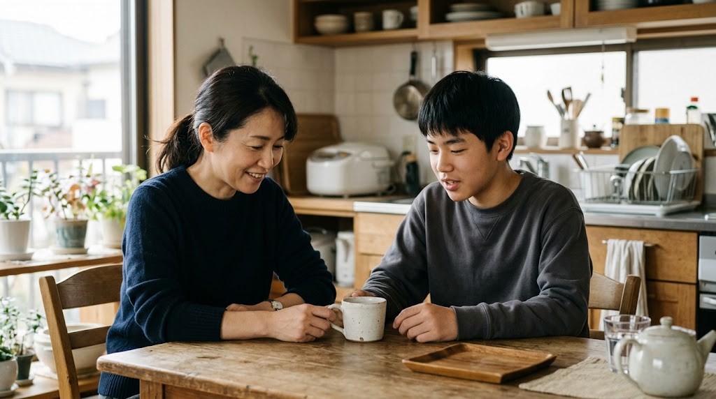 台所のテーブルで、母親と高校生の息子がマグカップを前に静かに話している様子