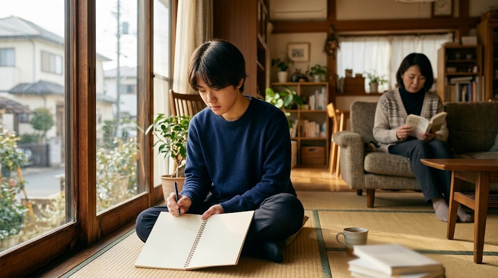 窓辺の低い机でノートに書く高校生と、同じ部屋のソファで本を読む家族