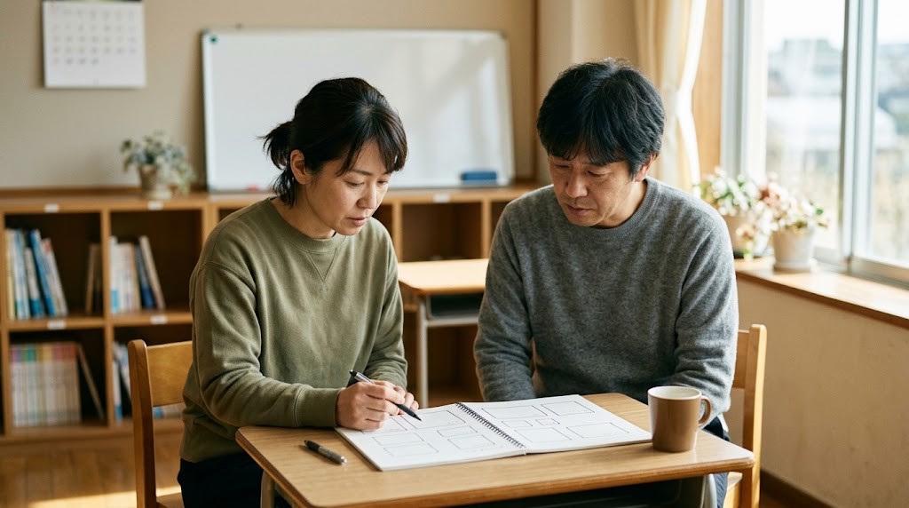 相談室の机で、保護者と高校生が先生の説明を聞いている様子