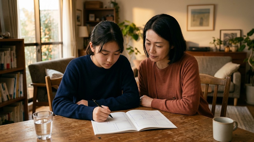 ダイニングテーブルで、高校生が母親のそばでノートに書き込んでいる様子