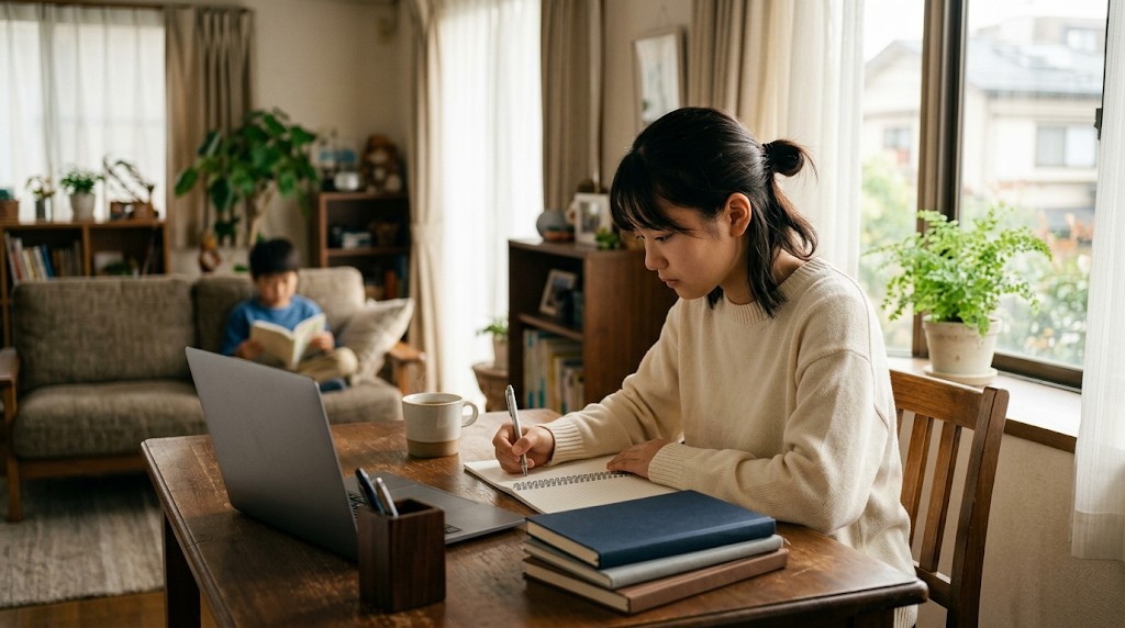 日の当たる部屋の机で勉強する高校生と、ソファで本を読む弟