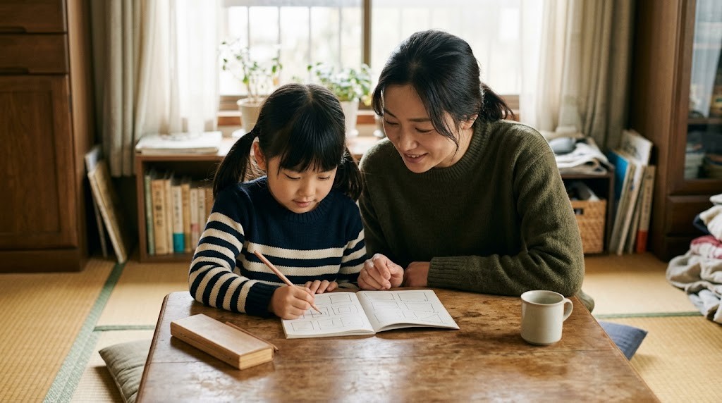 朝の居間の低いテーブルで、母親と小学生の子どもが並んでノートを見ている様子
