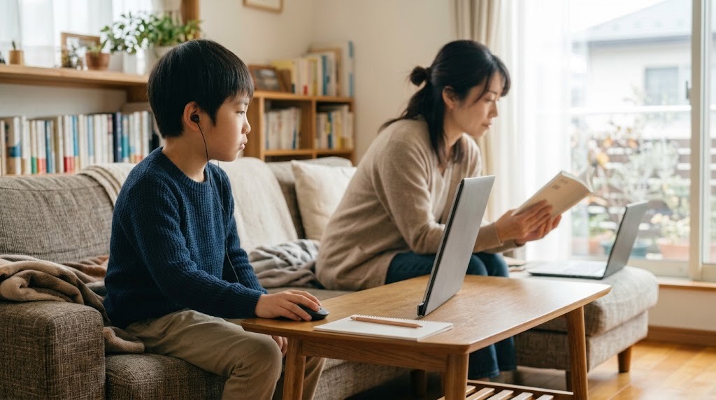 居間のソファで、小学生の子どもが自宅からオンラインで学び、そばで保護者が本を読んでいる様子