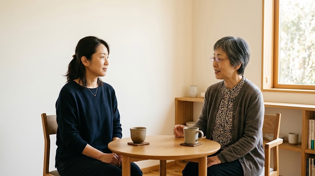 明るい相談室で、保護者とスクールカウンセラーが丸いテーブルをはさんで話している様子