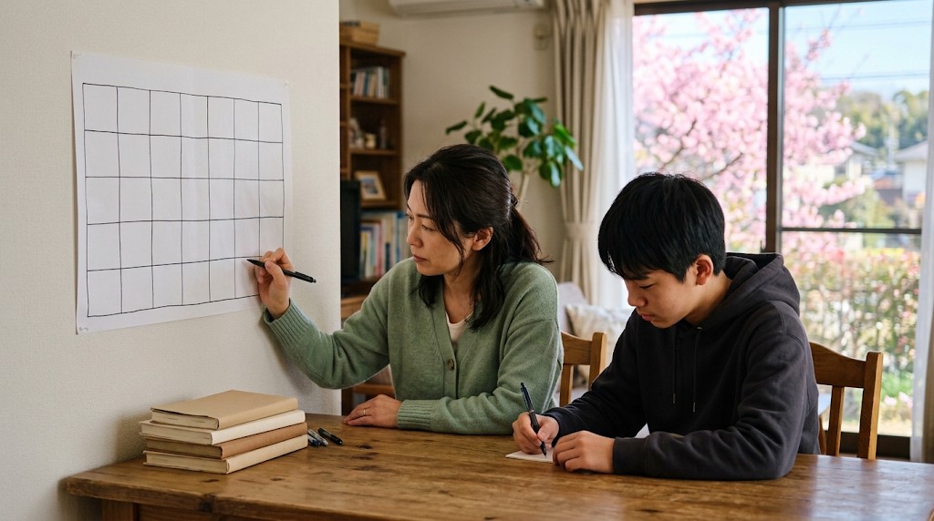 春のリビングで、母親と高校生の息子が手書きのマス目のカレンダーに予定を書き込んでいる様子