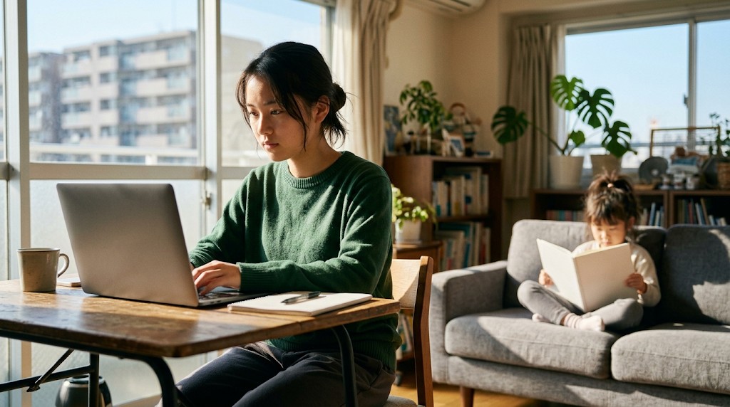 明るい部屋でノートパソコンを使って課題に取り組む女子高校生と、ソファで本を読む妹