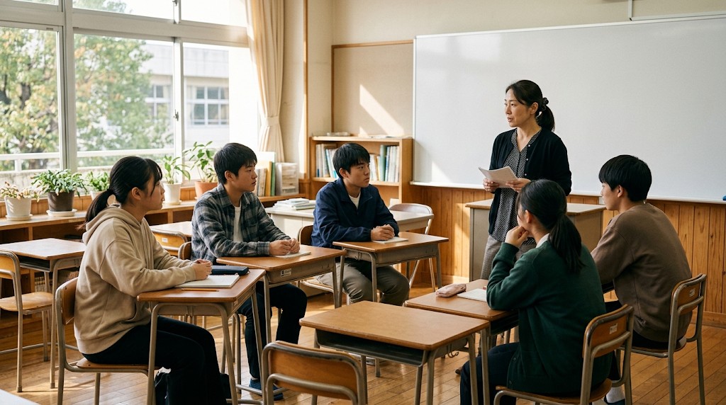 教室で数人の生徒が先生の説明を聞いている様子