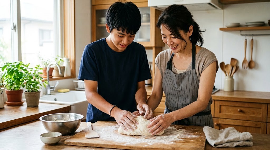 台所で、高校生と母親が並んでパン生地をこねている様子