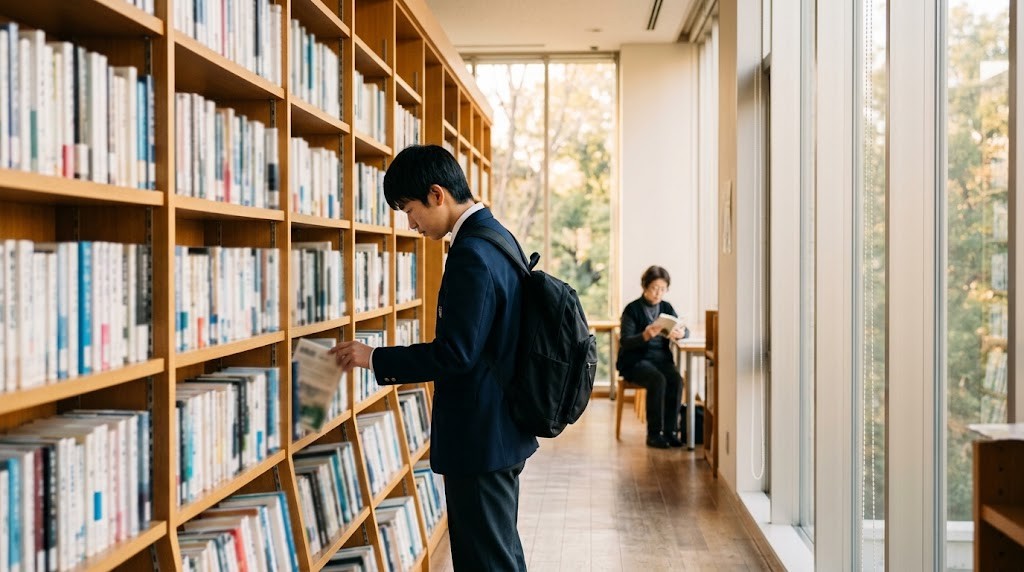 図書館の書架の通路で、本を選んでいる高校生