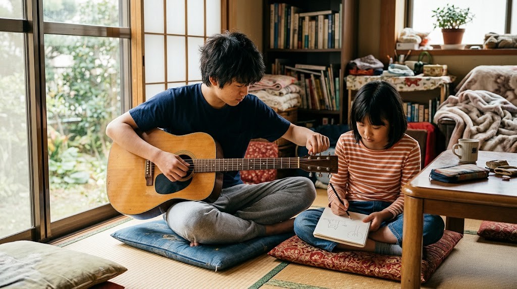 居間の床で、ギターの調弦をするきょうだいと、ノートにスケッチをするきょうだい